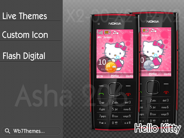 Hello kitty themes for Nokia s40v6 240×320 by Wb7Themes, digital flash clock with a icon weather live, icons transparent element modification, and music skins available for the screensaver, analog clock white.